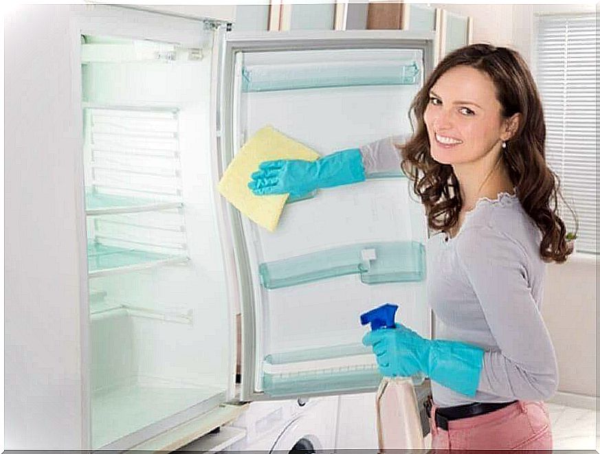 Woman cleans the fridge